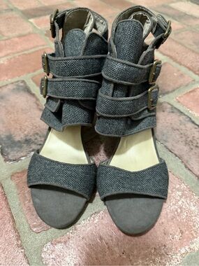 Joyfolie Denim Strappy Open-Toe Heels